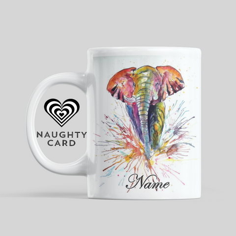 Elephant Personalised Water Colour Mug From NaughtyCard. Watercolour animal mug.