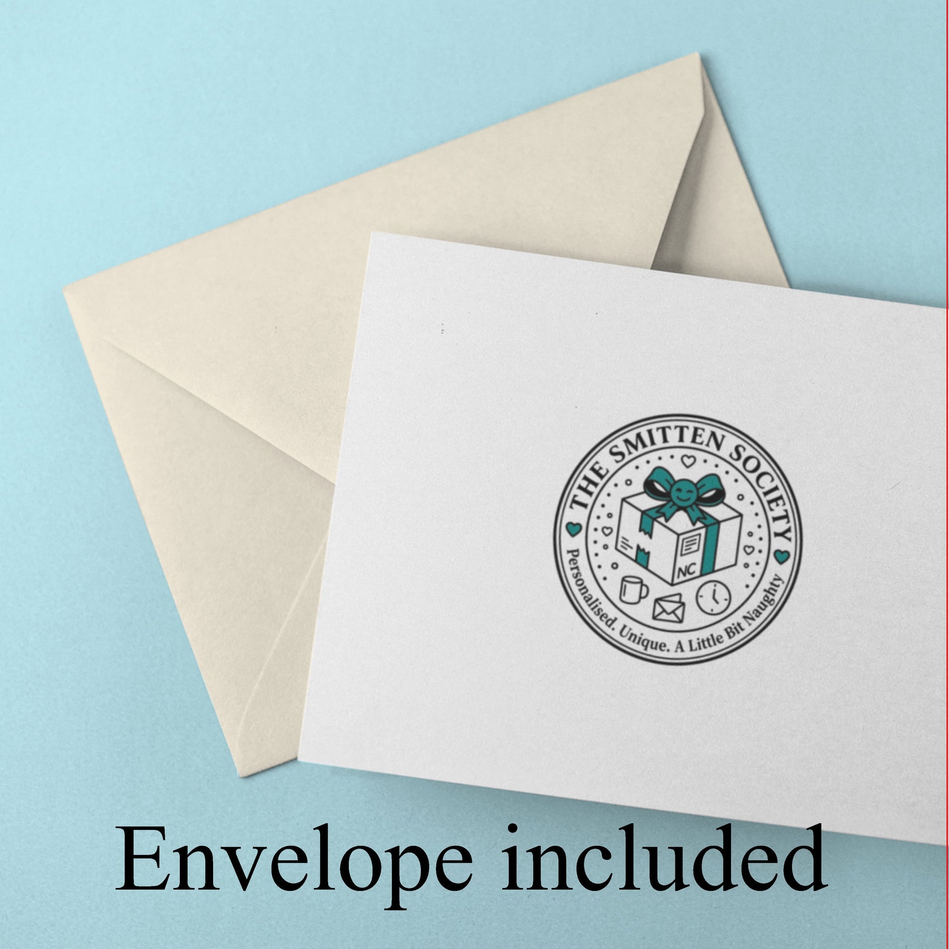 Envelope included, White card with a logo and beige envelope on a light blue background