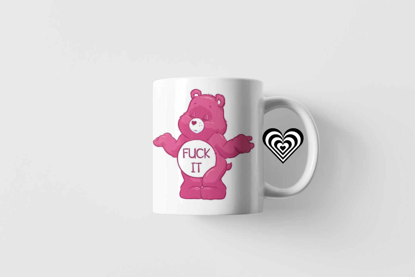 Mug with a pink bear design and text on a white background