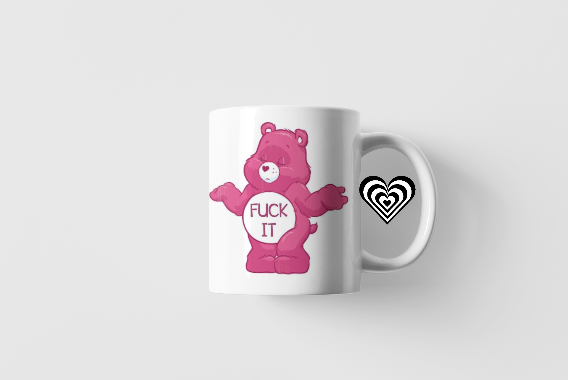 Mug with a pink bear design and text on a white background