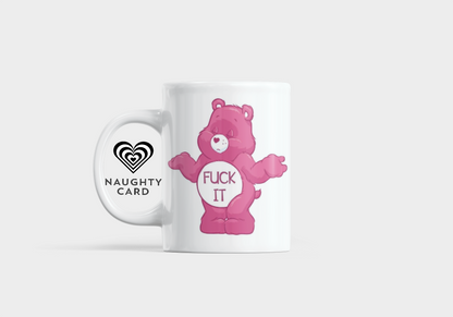 Mug with pink bear design and text "F*ck it" on a white background