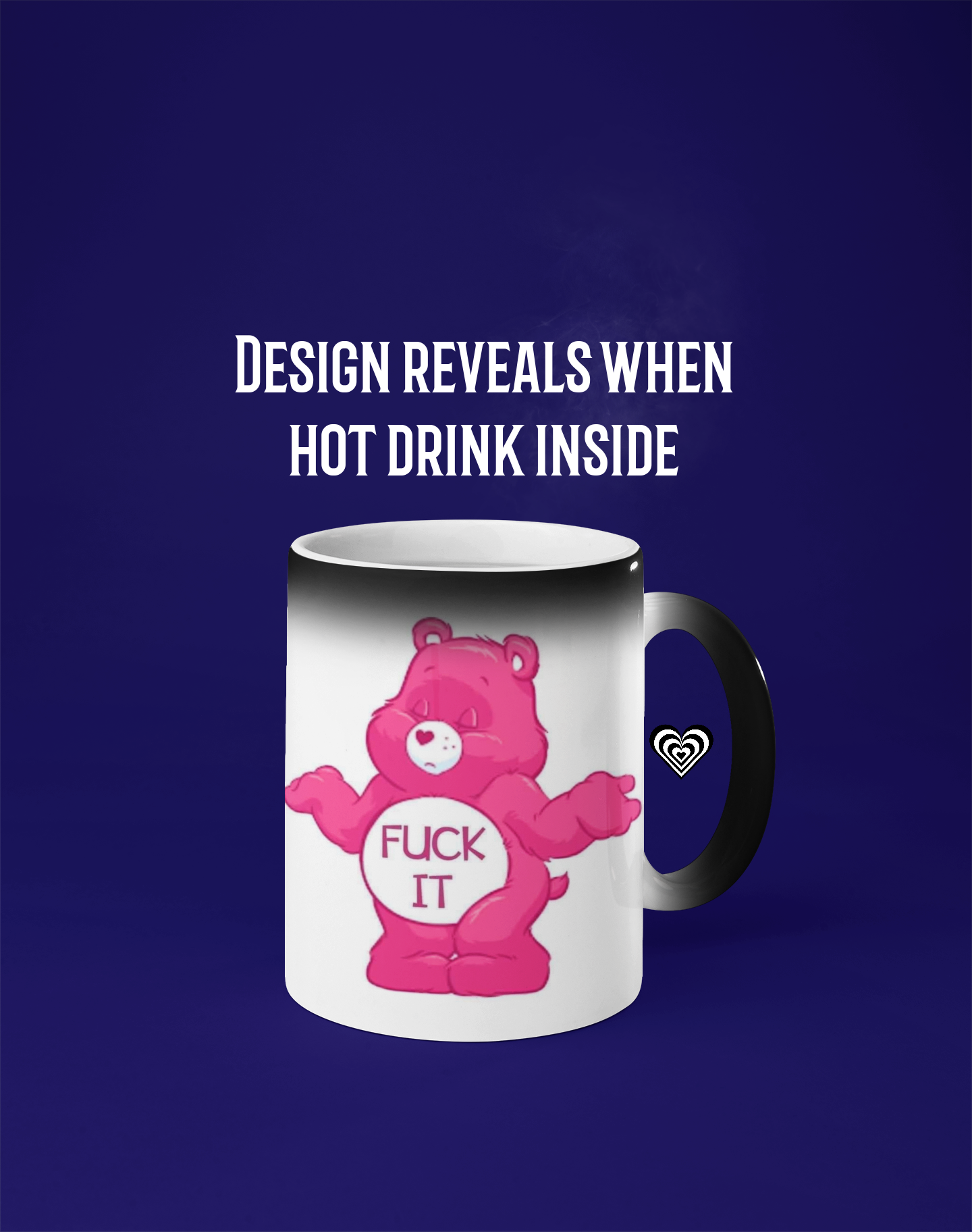 Mug with a pink bear design and text on a blue background