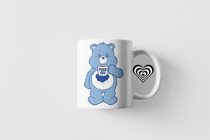 Mug with a blue bear design and text on a white background
