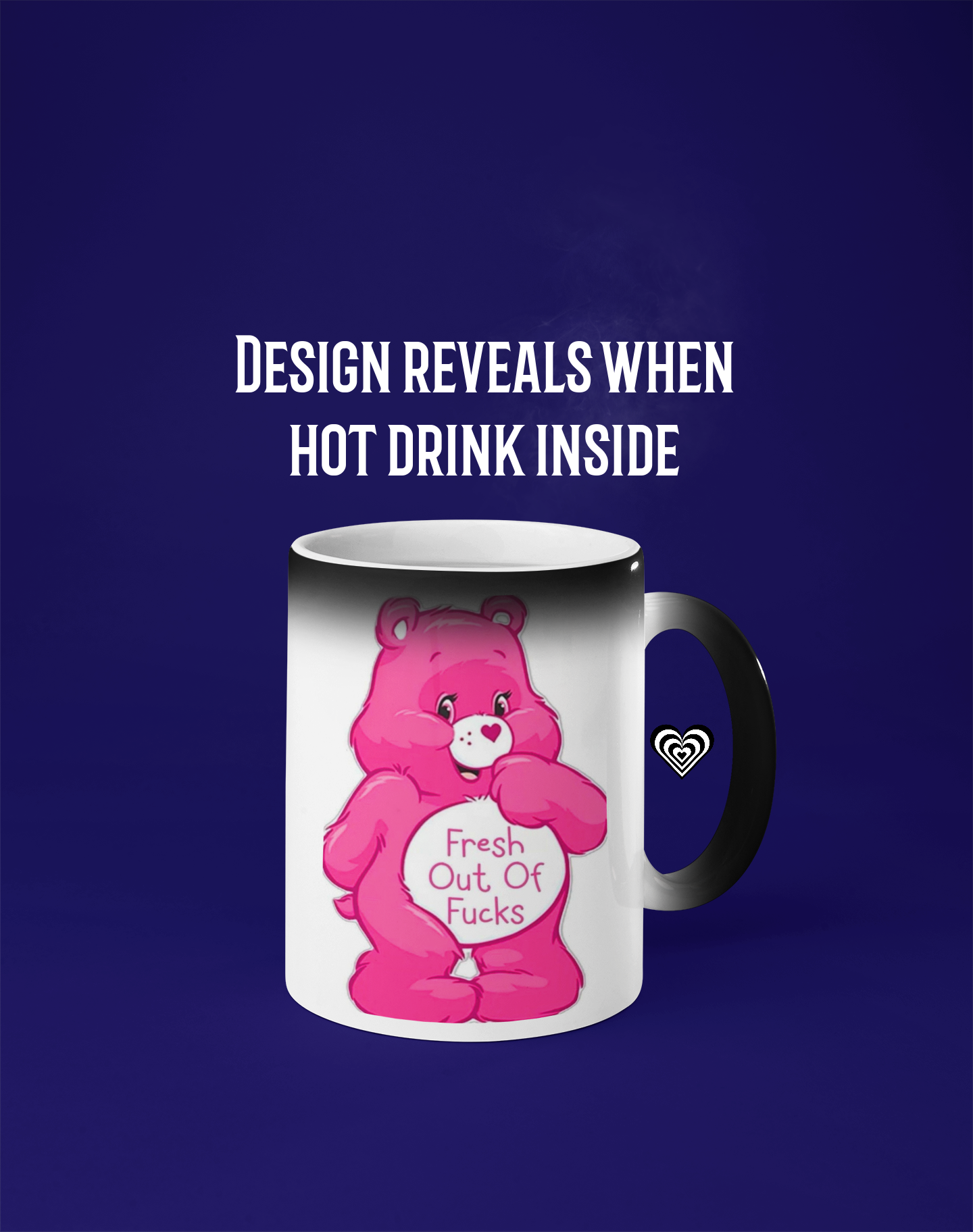 Mug with pink bear design and 
'fresh out of fu*ks' text on a blue background