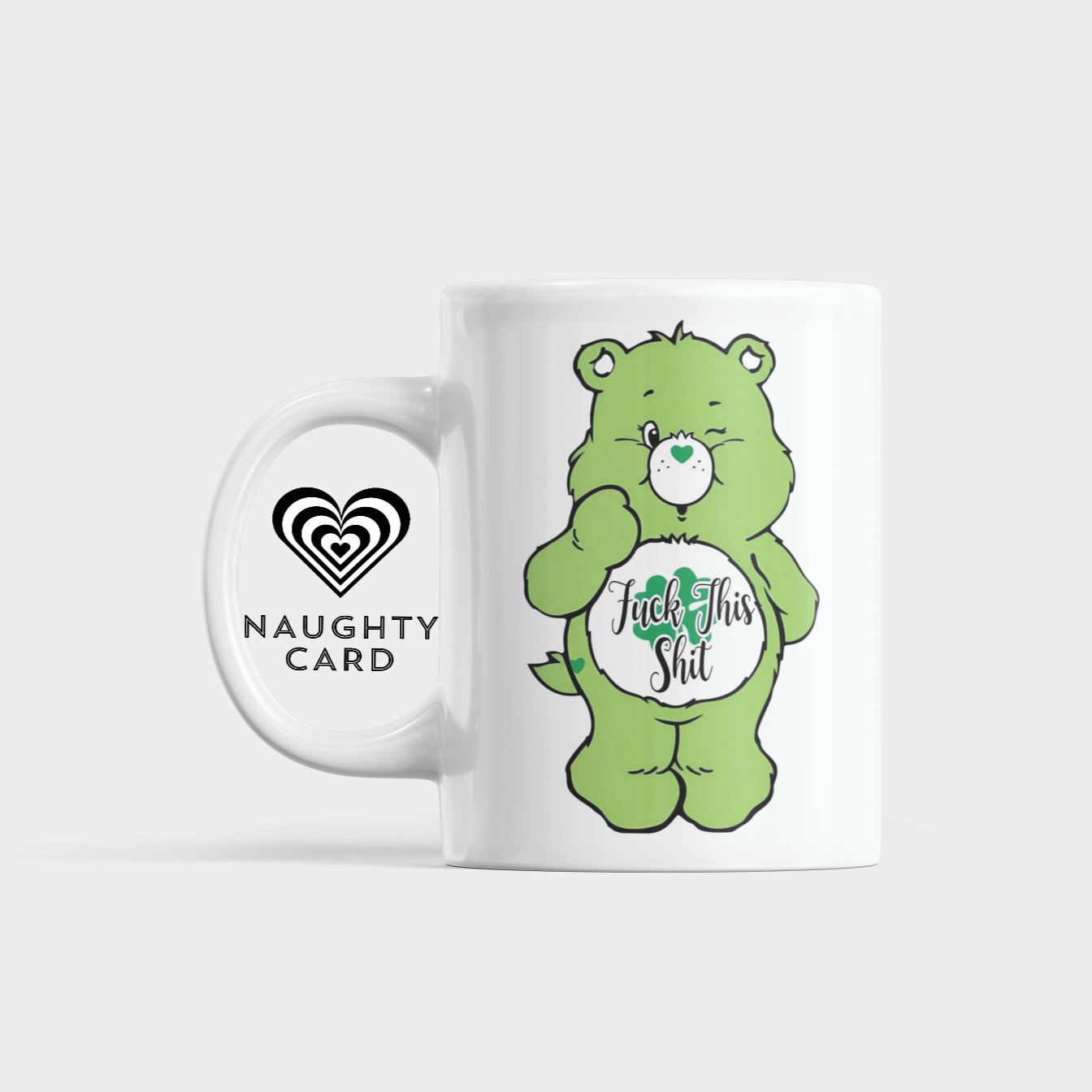 Mug with a green swear bear design and 'fu*k this sh*t'  text on a white background