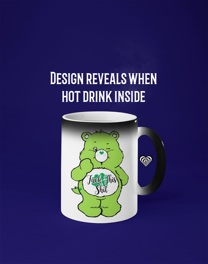 Mug with a green swear bear design and 'fu*k this sh*t' text on a blue background
