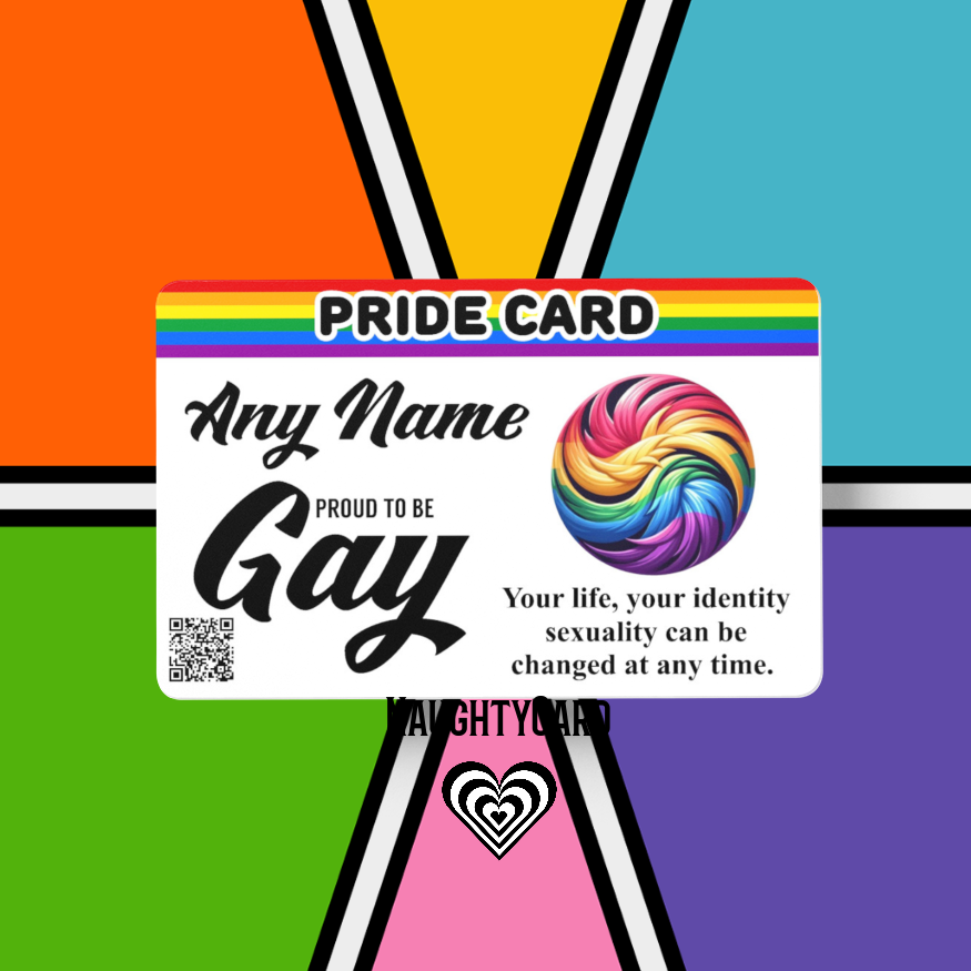 Pride card with rainbow design on a colorful geometric background