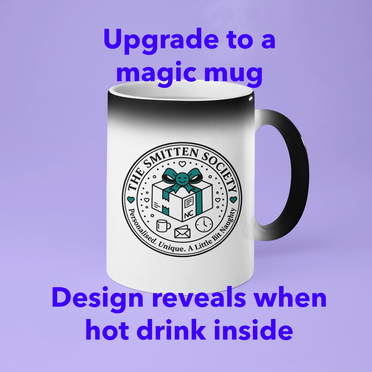 A white ceramic mug with a black handle and black top rim, shown on a lavender background with promotional text. The mug features a circular 'The Smitten Society' logo with a teal gift box and green accents.