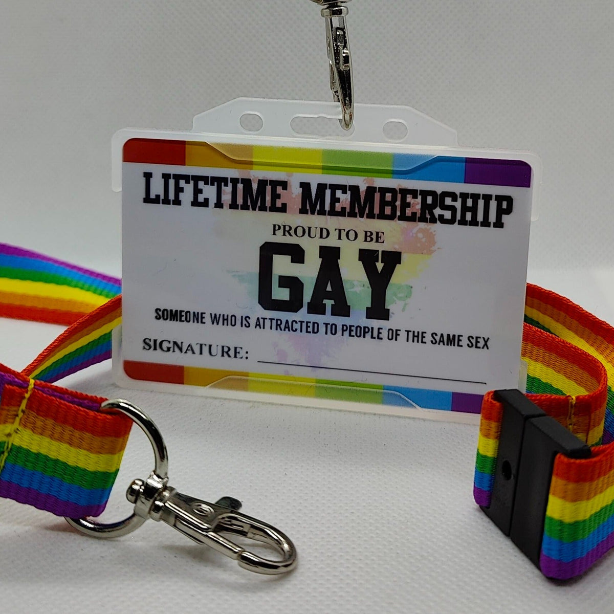 LGBT Lanyard and gay membership card from Naughty Card on a solid white background
