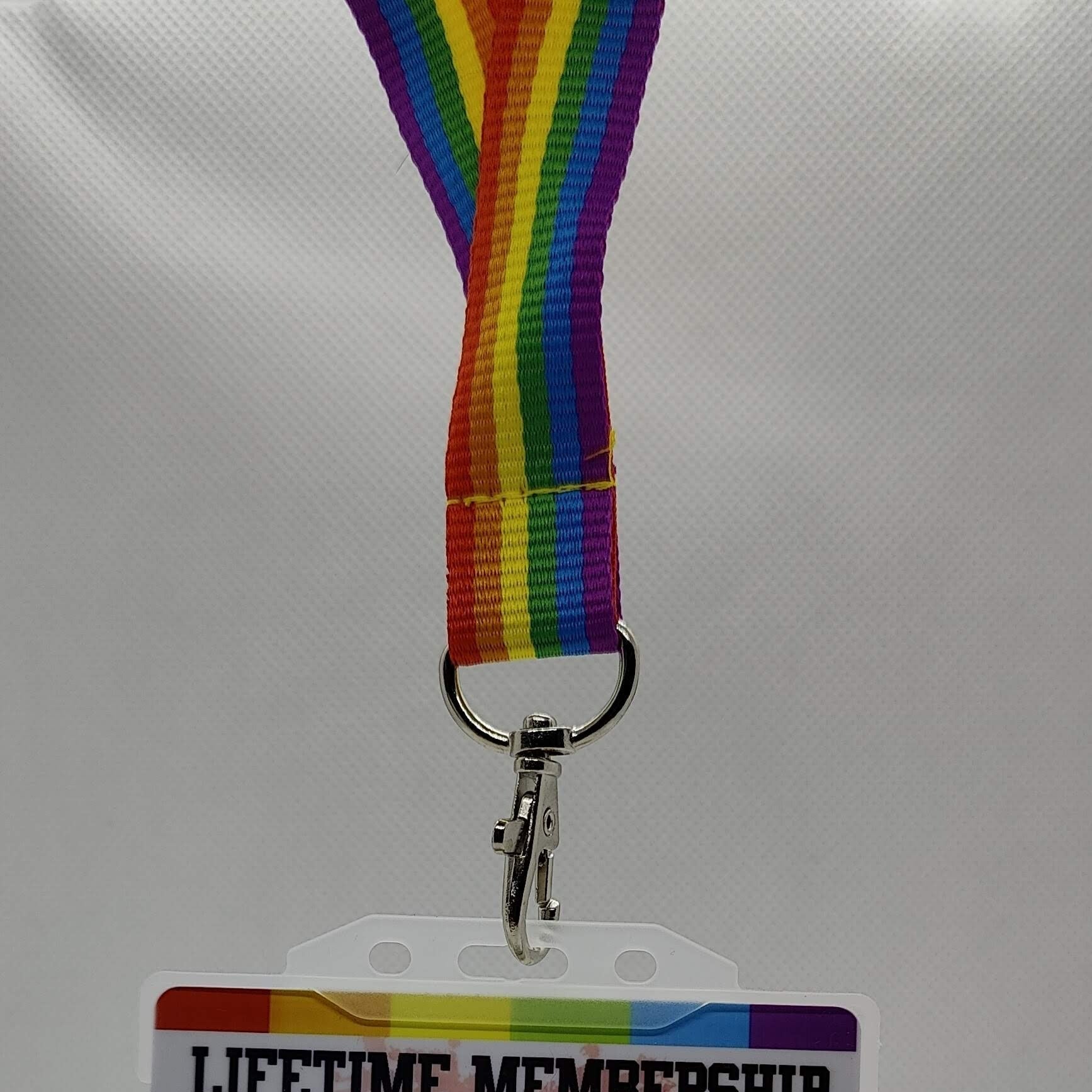 GAY pride lanyard with a Naughty Card ay Pride Card in a card holder on a plain white background