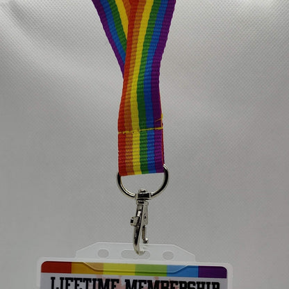 GAY pride lanyard with a Naughty Card ay Pride Card in a card holder on a plain white background
