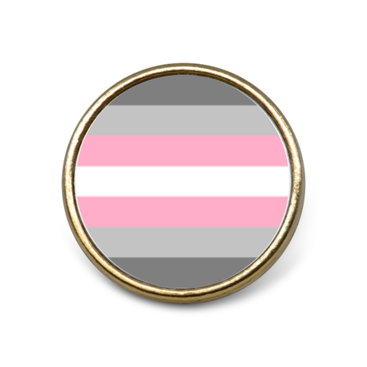 Demigirl Pride Flag on Gold metal pin badge on a plain white background