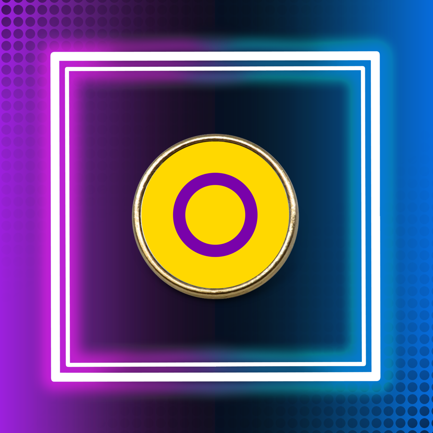 Neon sign with a Intersex Lapel Pin Badge in the center on a dark background