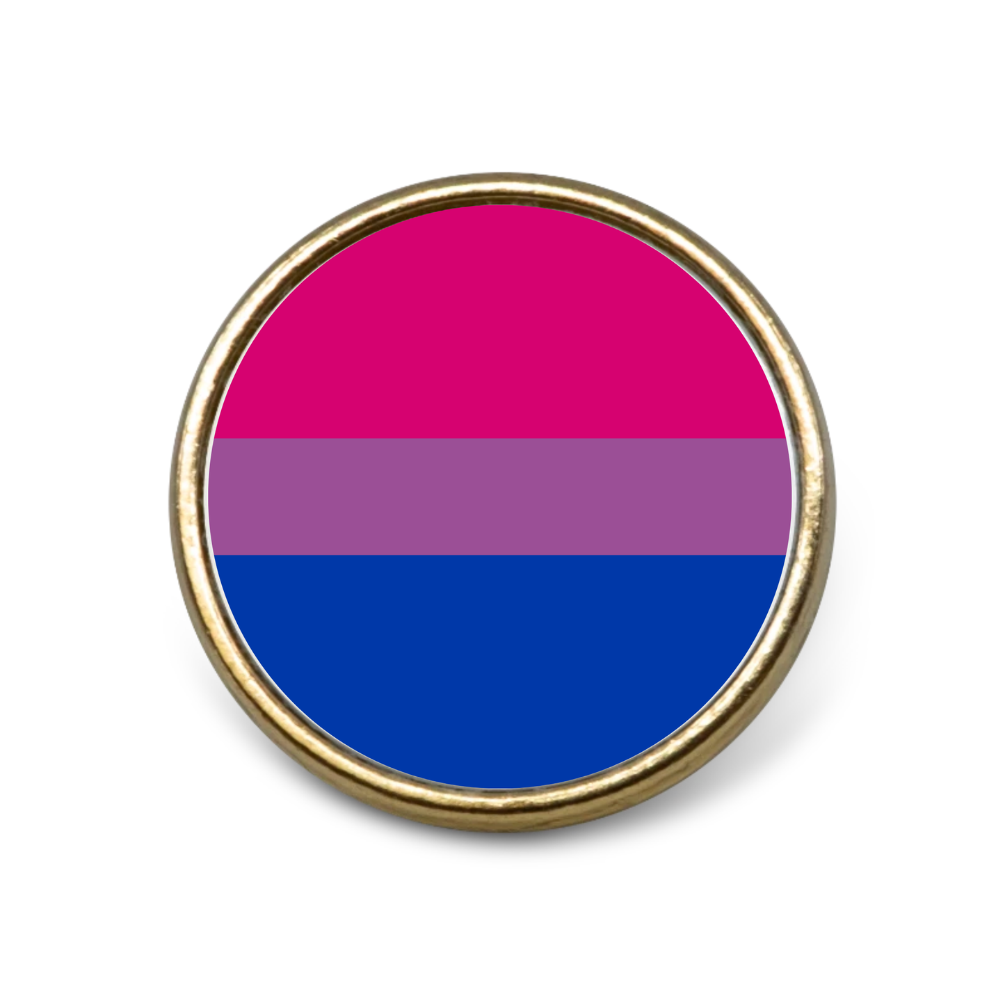 Gold pin badge on a plain white background featuring the bisexual pride flag