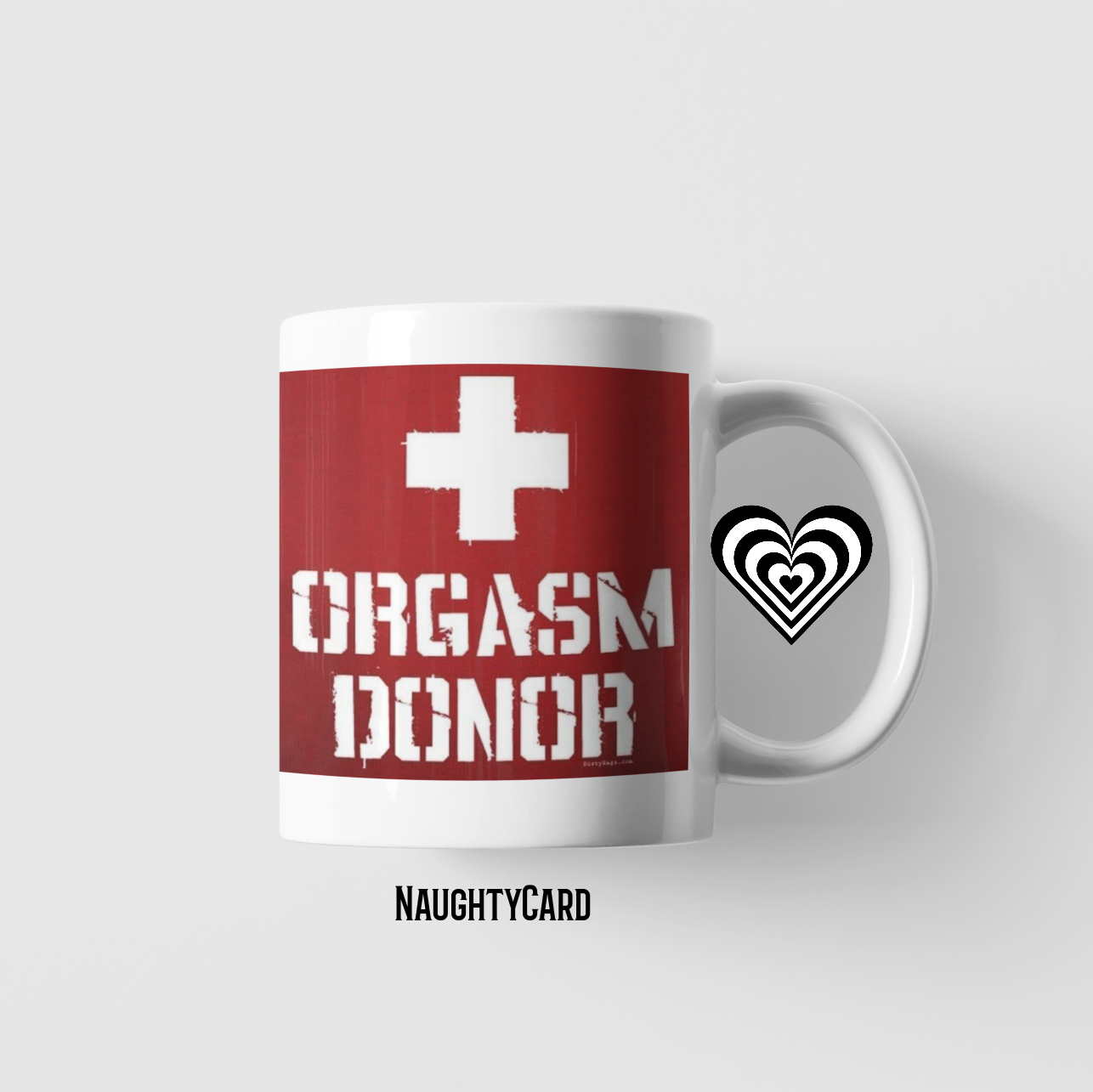 Mug with 'Orgasm Donor' text and symbols on a white background
