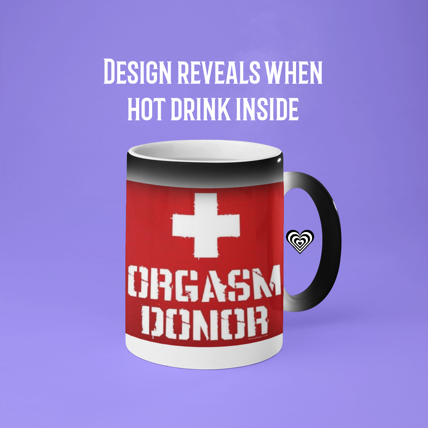 Mug with red design and text on a purple background