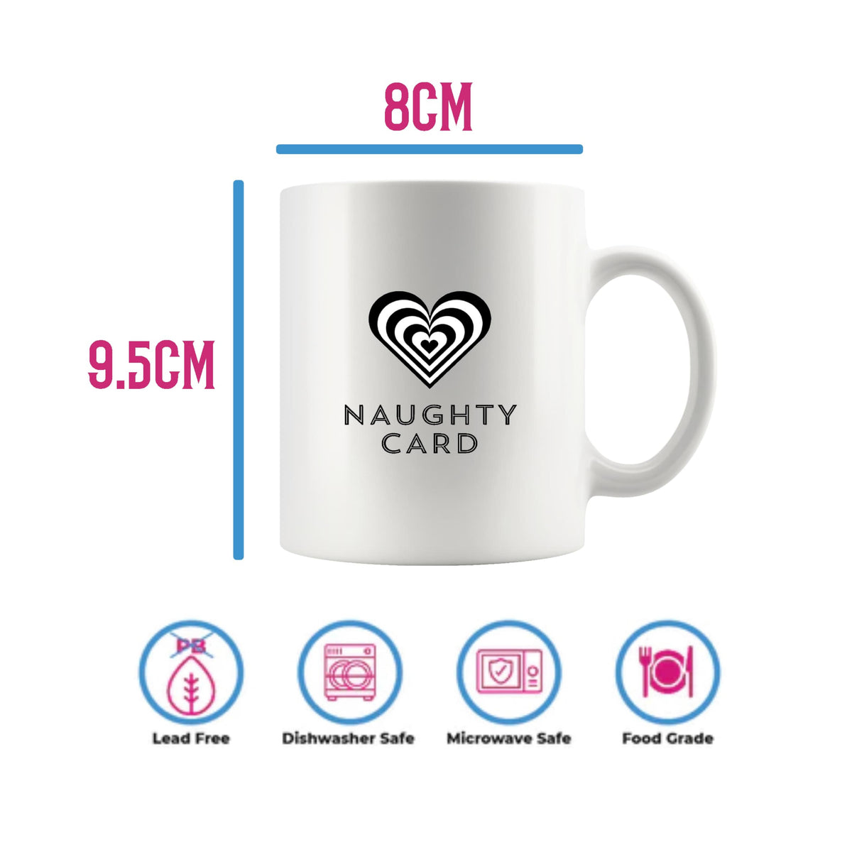 White Mug on a plain white background with size dimensions around and dishwasher safe logo