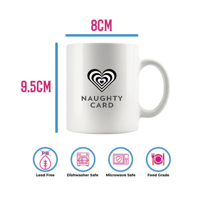 White Mug on a plain white background with size dimensions around and dishwasher safe logo