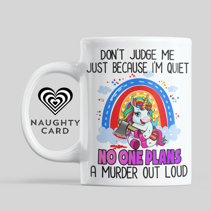 Plan a Murder Funny Unicorn mug from NaughtyCard. Designed for adults this is the perfect office birthday gift. Leaving Gift and ideal for secret santa