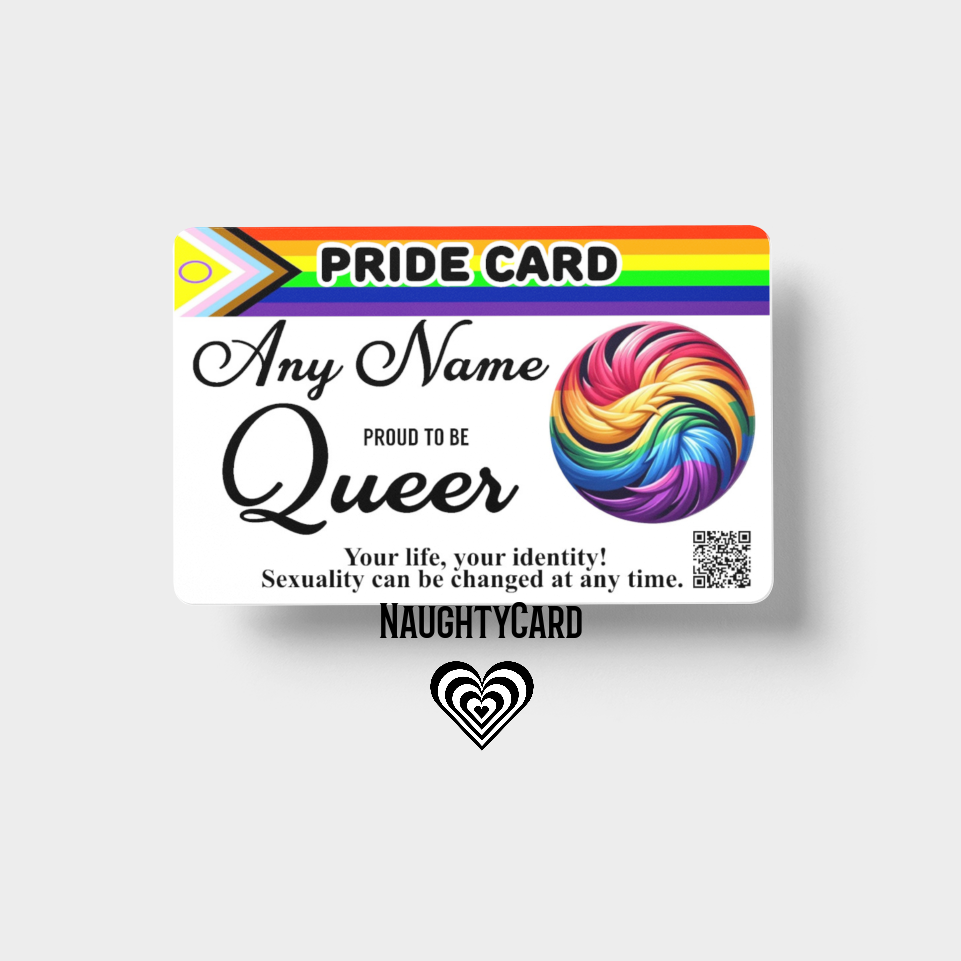 Pride card with rainbow design and text on a white background