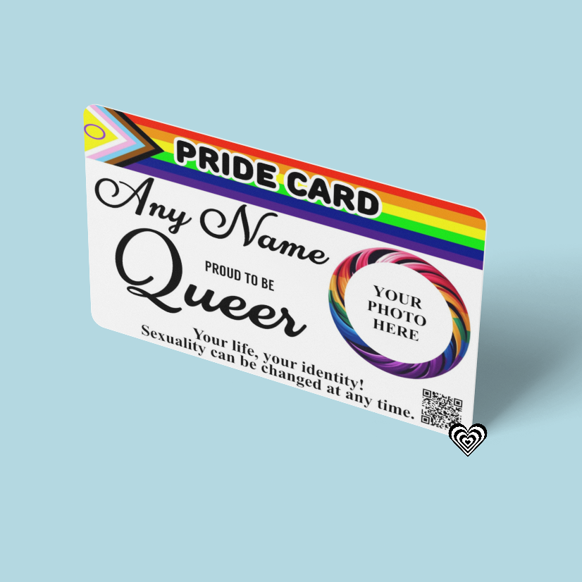 Queer Membership card LGBTQ Pride with rainbow design on a light blue background