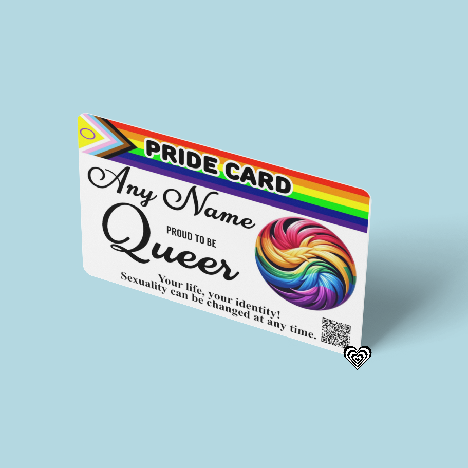 Pride card with rainbow design on a light blue background