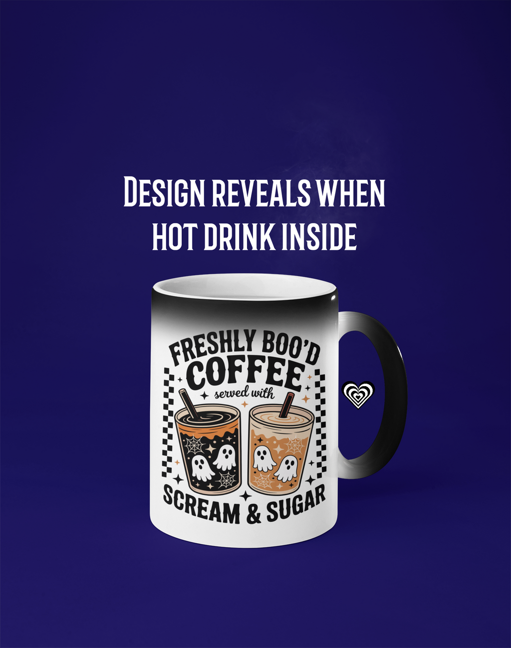 Mug with coffee-themed design on a blue background