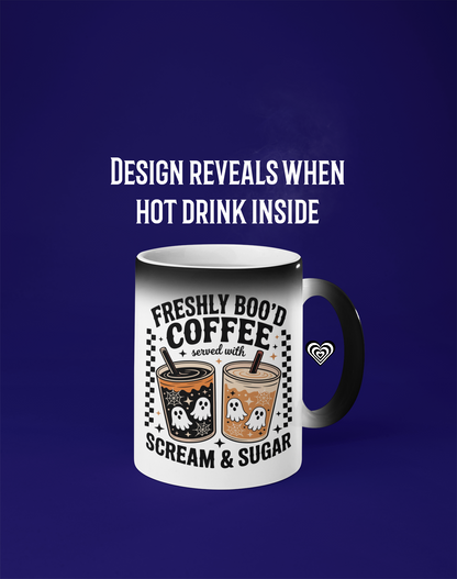 Mug with coffee-themed design on a blue background