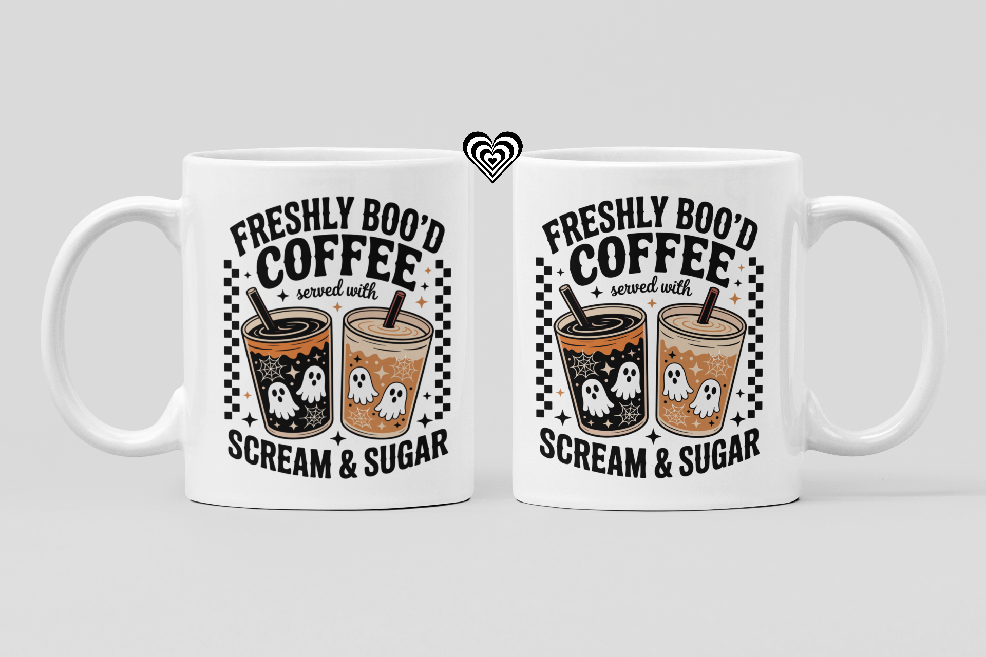 Two white mugs with Halloween-themed coffee design on a light gray background