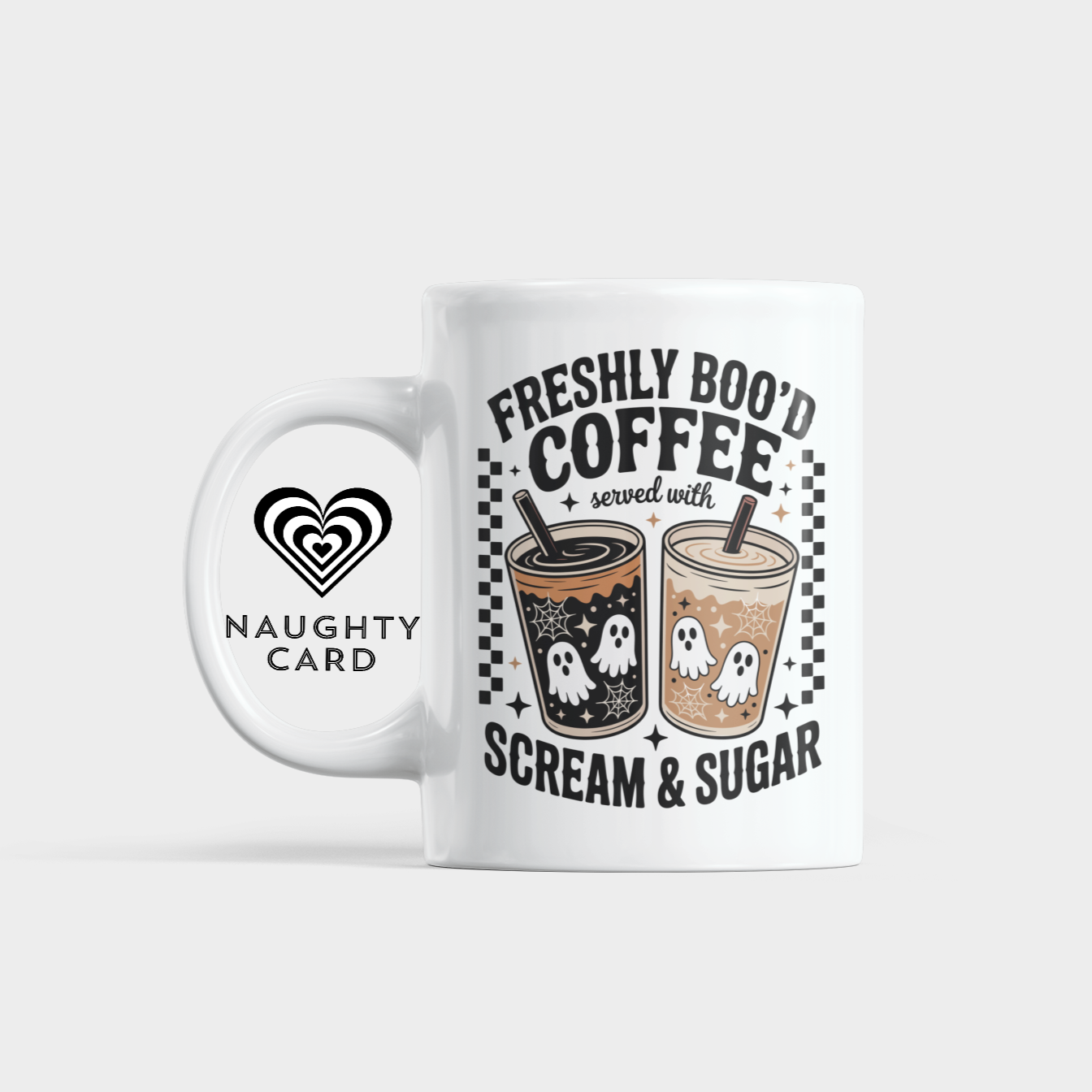 White mug with Halloween-themed coffee design and text on a white background