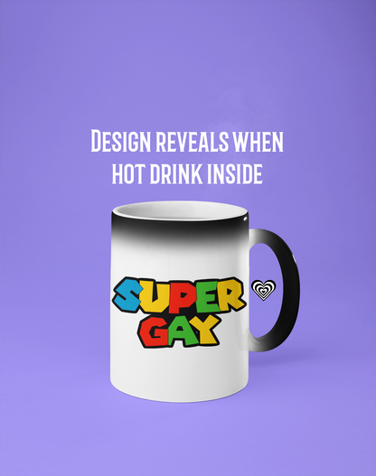 Mug with 'Super Gay' text on a purple background