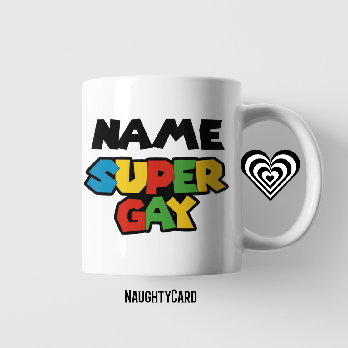 White mug with colorful text and a heart symbol on a white background