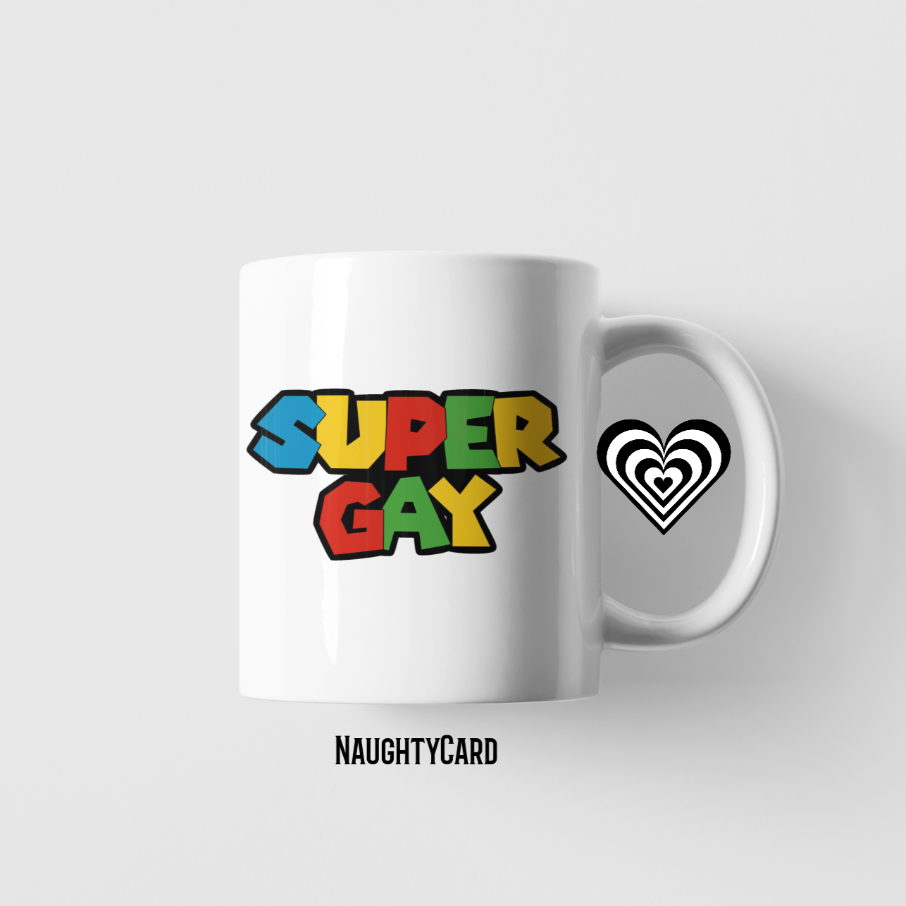 White mug with colorful 'SUPER GAY' text and a heart symbol on a white background