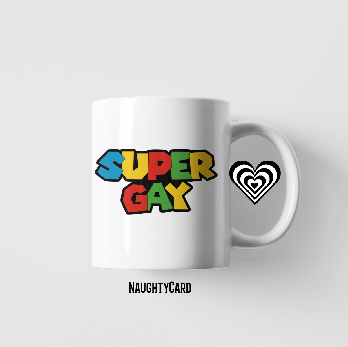 White mug with colorful 'SUPER GAY' text and a heart symbol on a white background