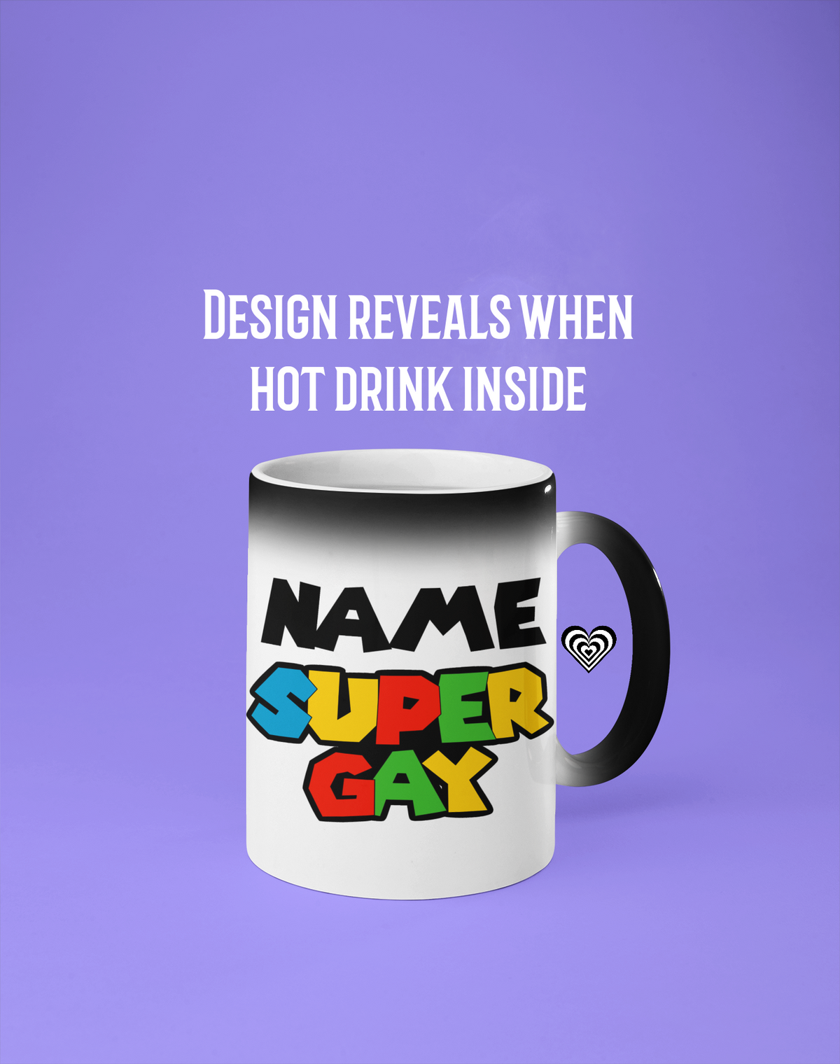Mug with colorful text on a purple background