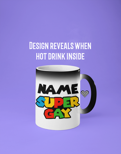 Mug with colorful text on a purple background
