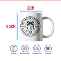 White ceramic mug with a circular 'The Smitten Society' gift box graphic, shown with dimension labels of 8CM width and 9.5CM height, plus safety icons below on a white background.