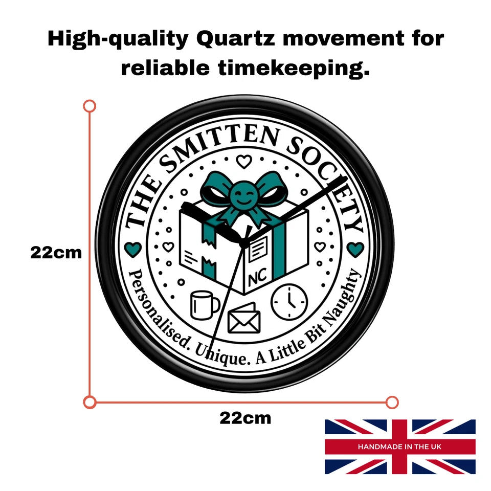 Circular wall clock with 'The Smitten Society' logo, text, and dimensions on a white background.
