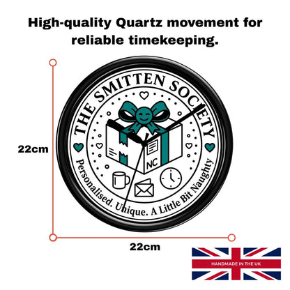 Circular wall clock with 'The Smitten Society' logo, text, and dimensions on a white background.