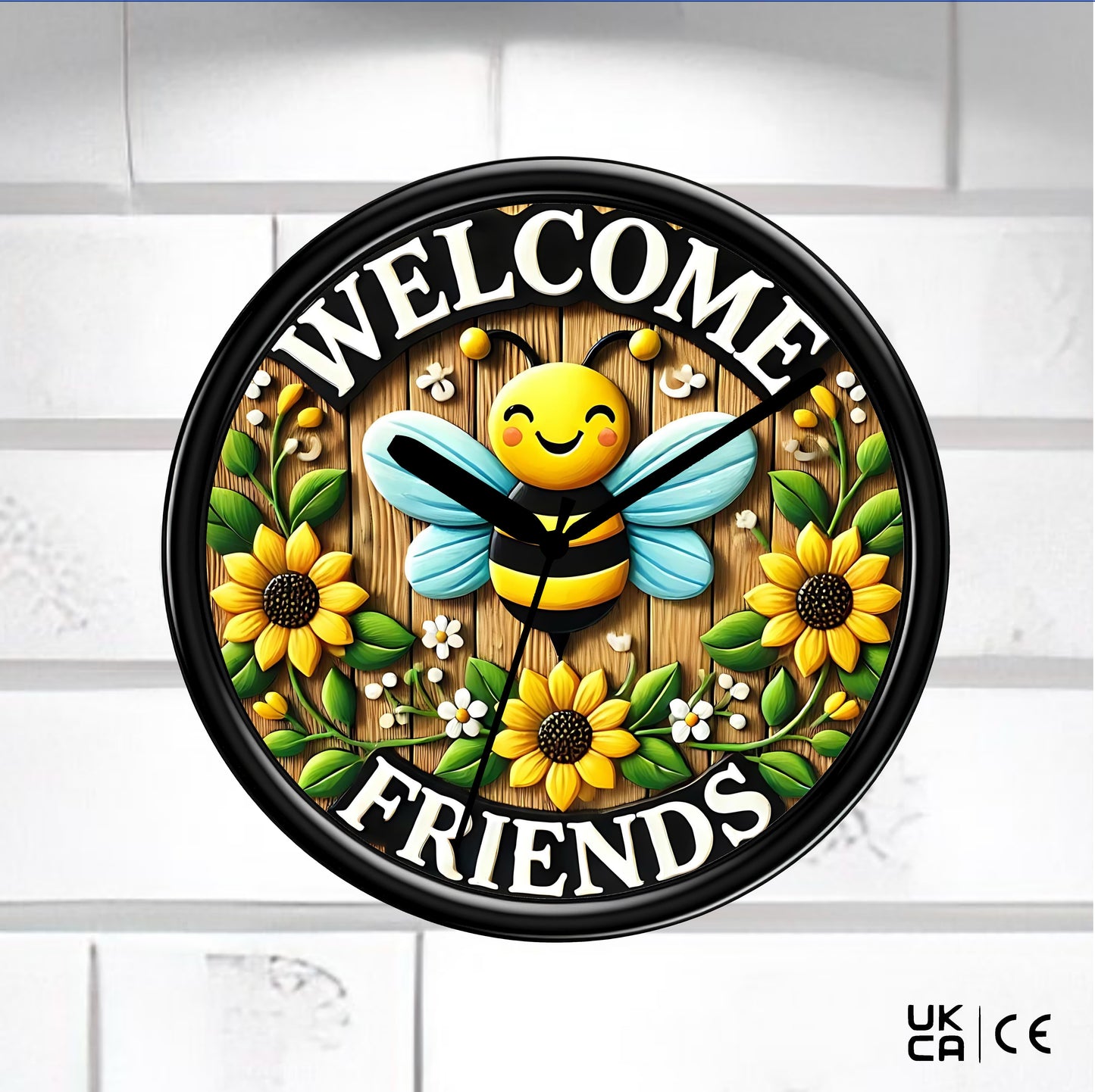 Wall clock on brick wall featuring a bee and the slogan welcome friends