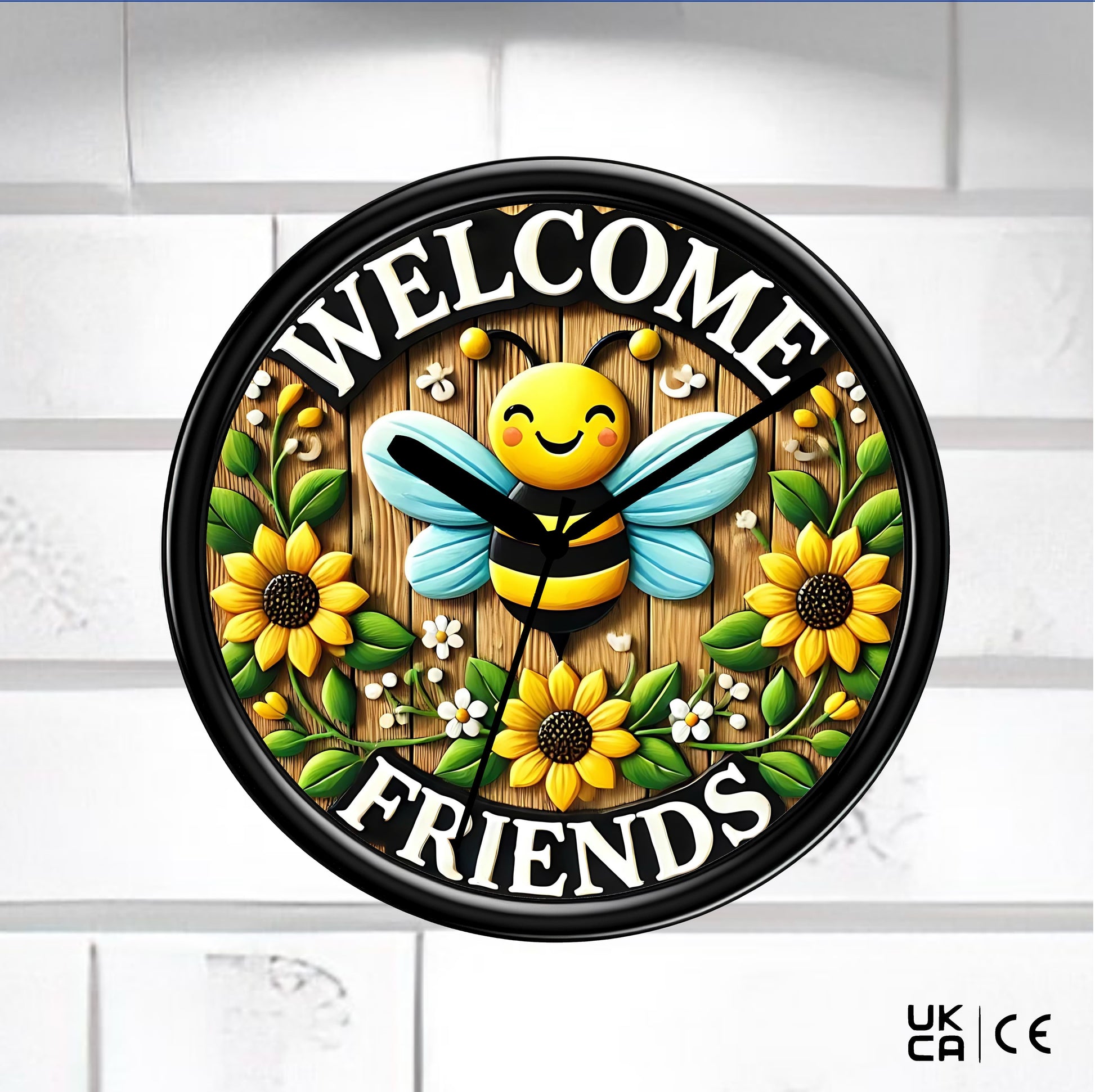 Wall clock on brick wall featuring a bee and the slogan welcome friends