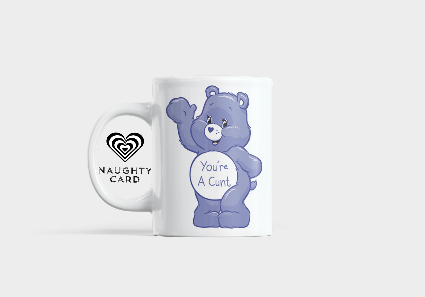 Mug with a purple bear character and text "Youre a cunt" on a white background
