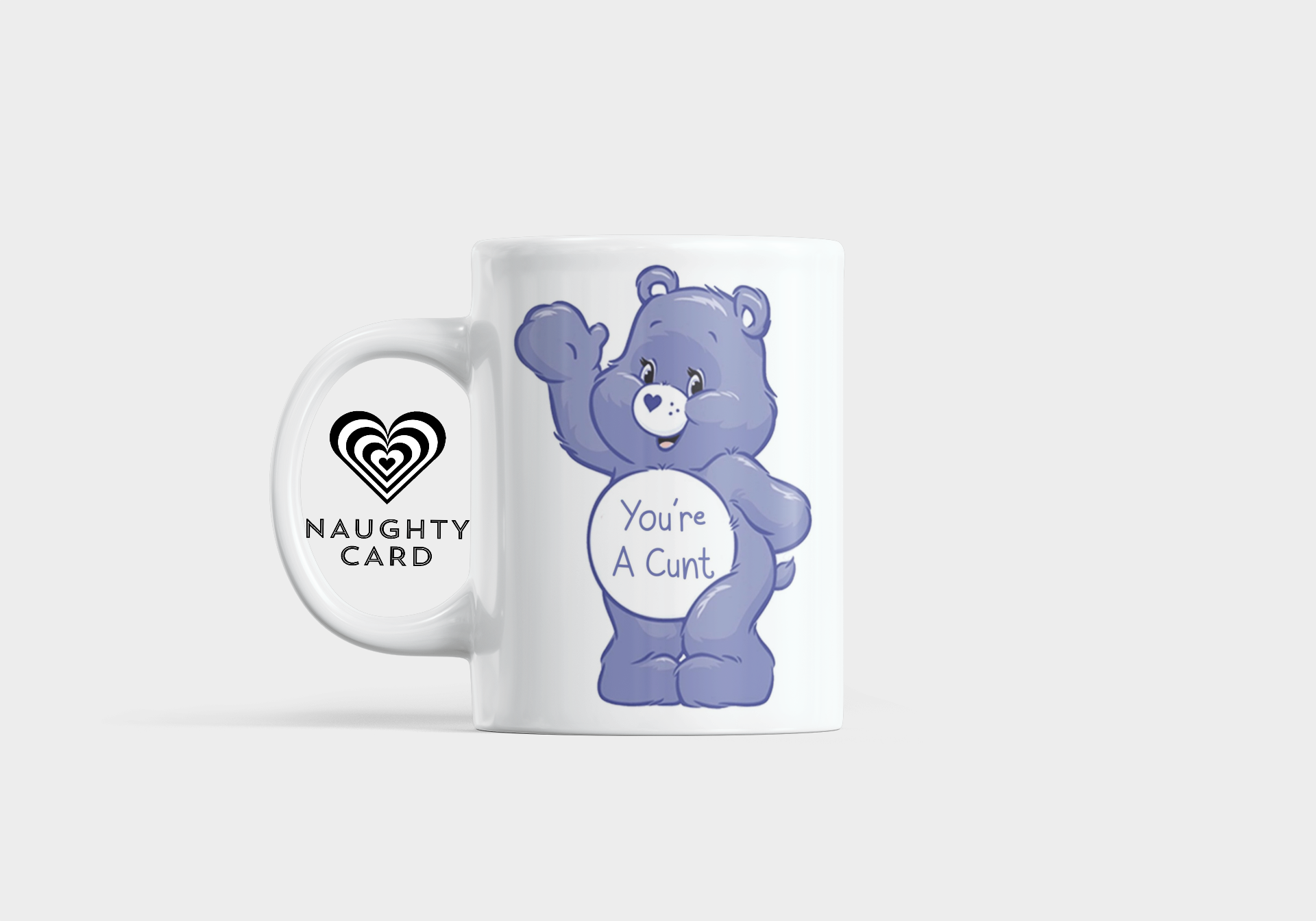 Mug with a purple bear character and text "Youre a cunt" on a white background
