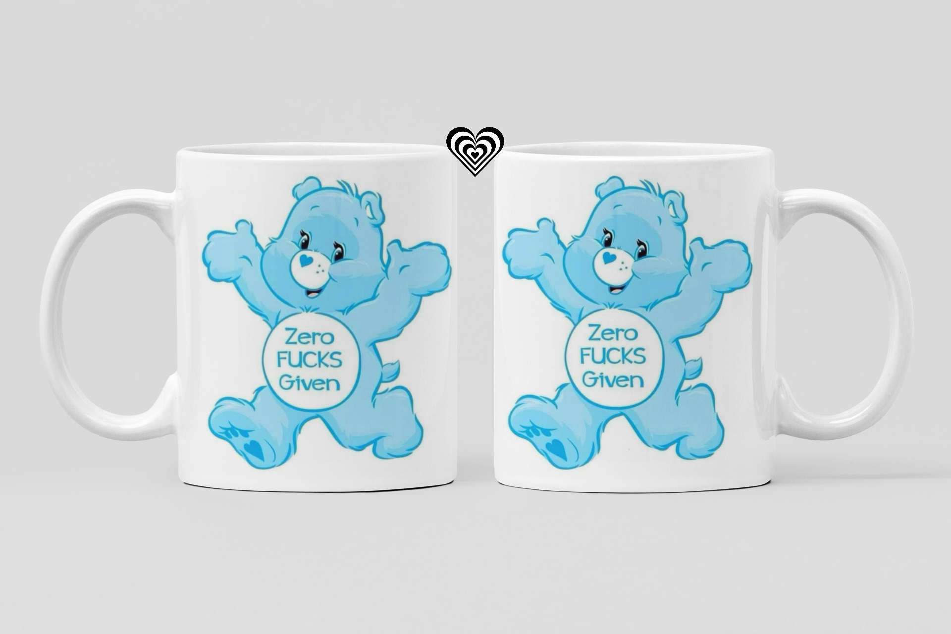 Two mugs with a blue swear bear  character and 'fresh out of fu*ks' text on a white background