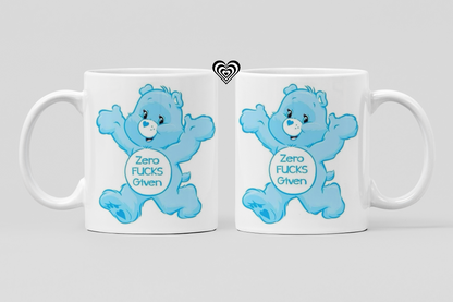 Two mugs with a blue swear bear  character and 'fresh out of fu*ks' text on a white background
