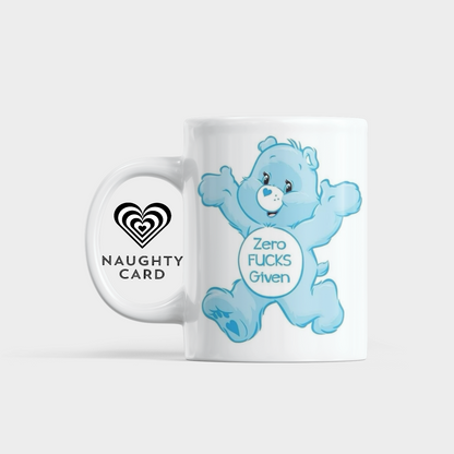 Mug with a blue swear bear design and 'fresh out of fu*ks' text on a white background
