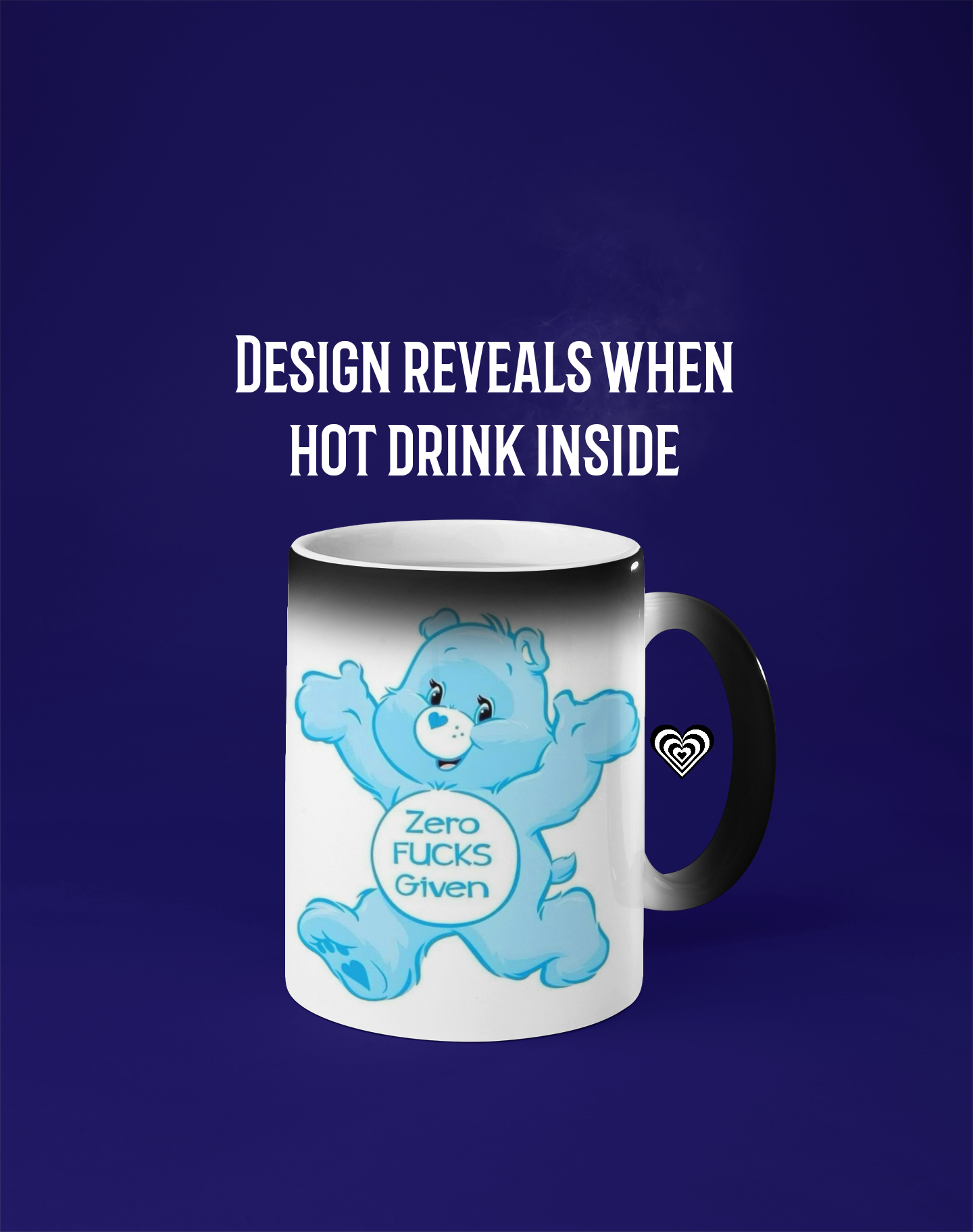 Mug with a cartoon swear bear design and 'fresh out of fu*ks' text on a dark blue background