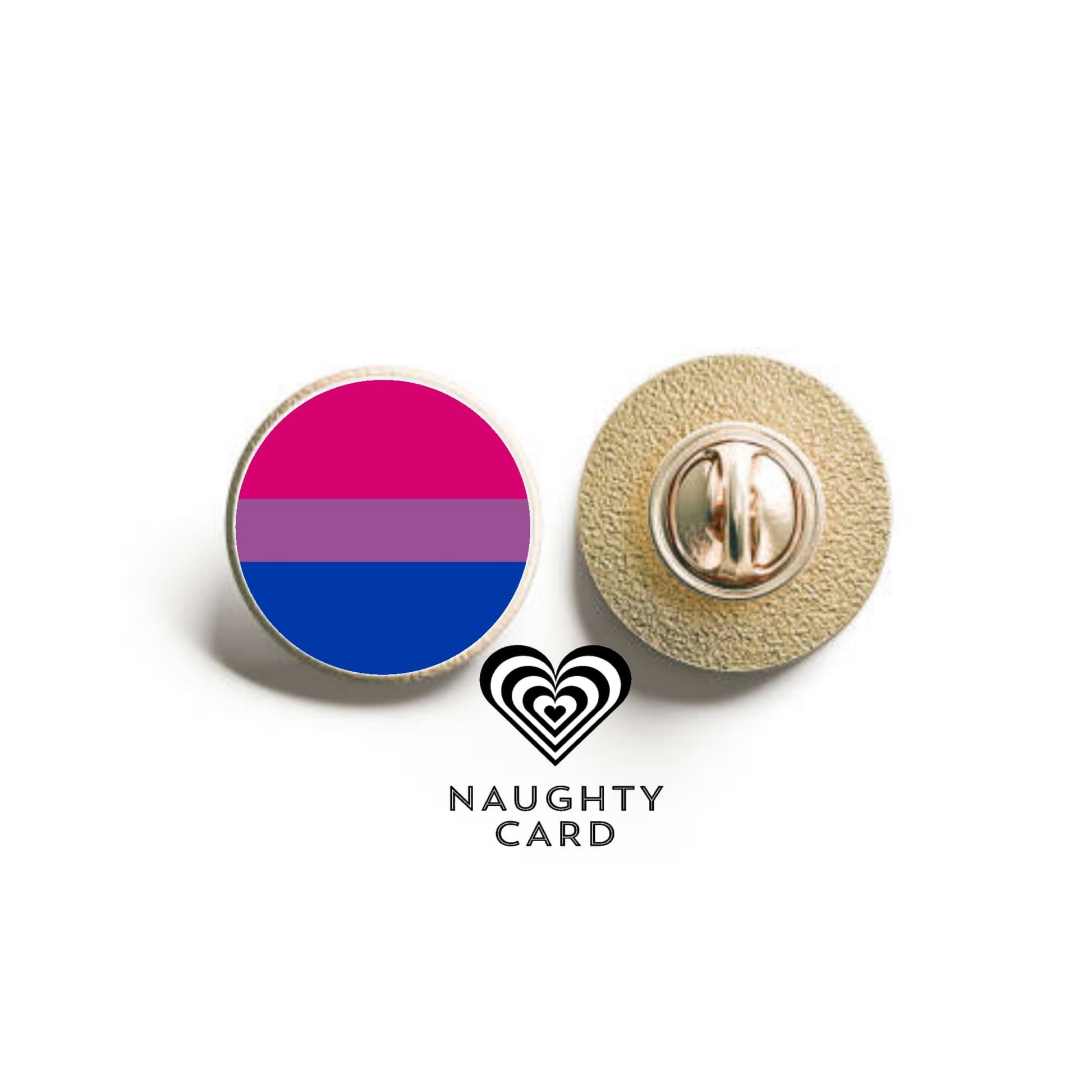 Two pins with a bisexual pride flag and gold textured design, featuring the 'Naughty Card' brand.