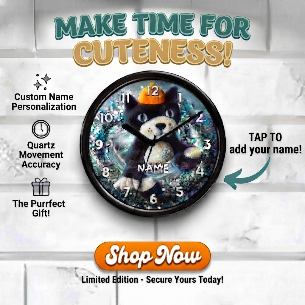 A custom pet wall clock featuring a cartoon cat character wearing a party hat on a glittery blue background. The clock is displayed on a white brick wall with promotional text overlays including 'MAKE TIME FOR CUTENESS!', 'TAP TO add your name!', and 'Shop Now'.