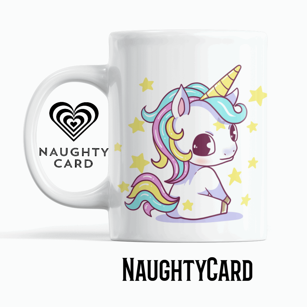 Baby Unicorn Personalised Mug From NaughtyCard.co.uk. Image showing white mug on a plain white background. Side View.